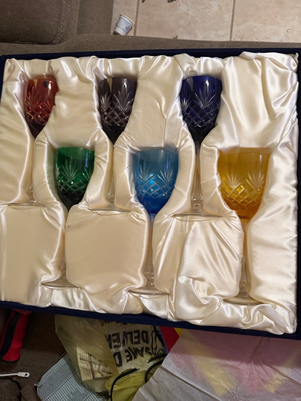 Faberge Multi-Color Cut Crystal Wine Glasses - Red Green Blue Amber Purple